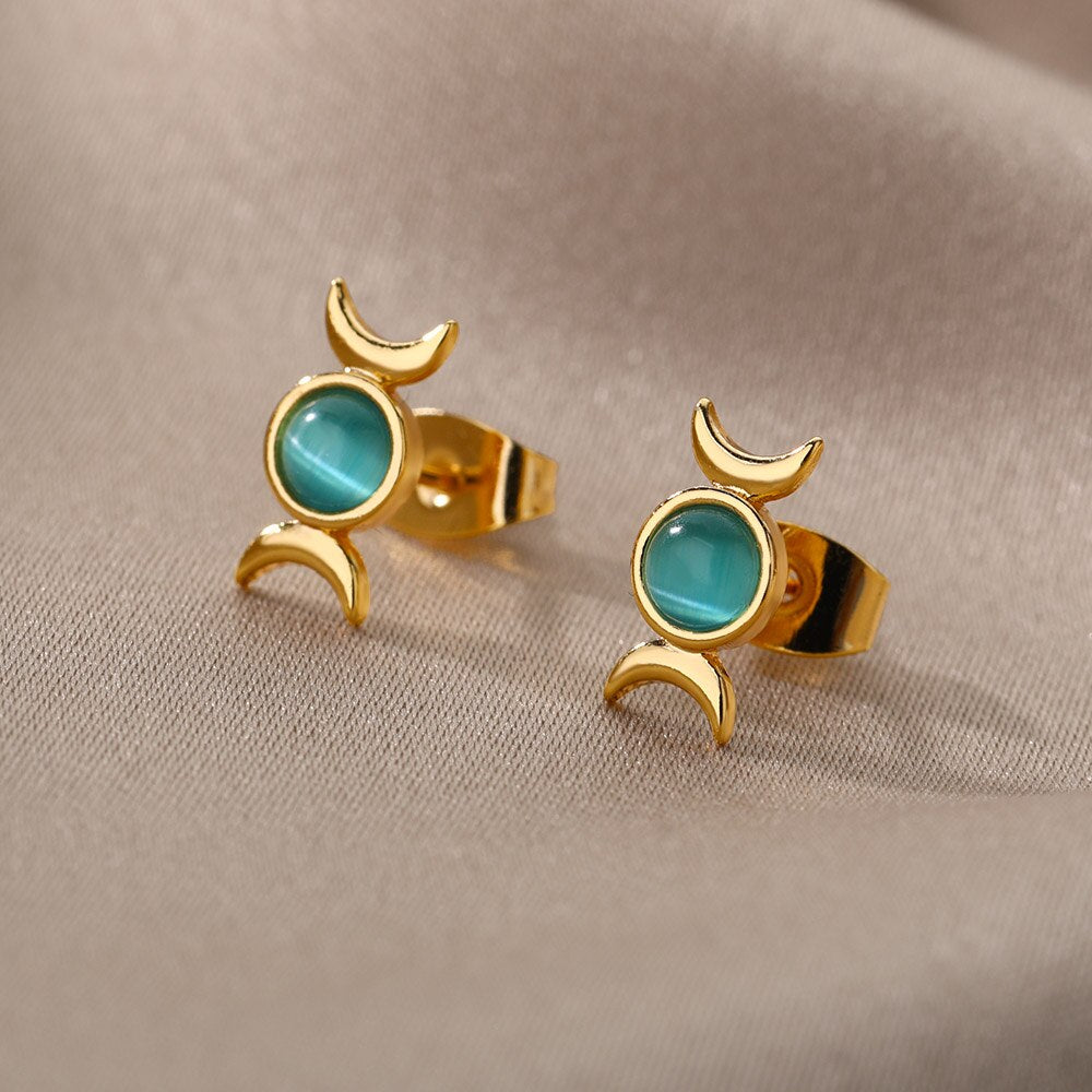 Double Moon Opal Stud Earrings