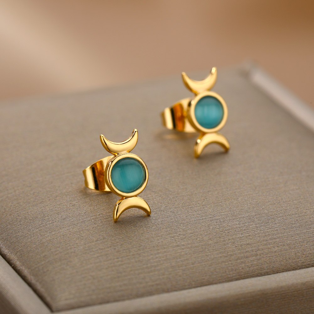 Double Moon Opal Stud Earrings