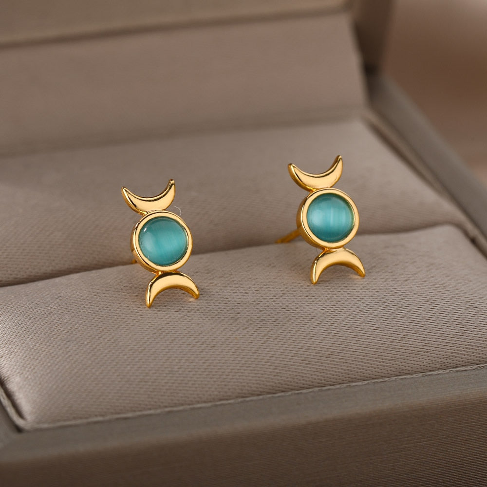 Double Moon Opal Stud Earrings