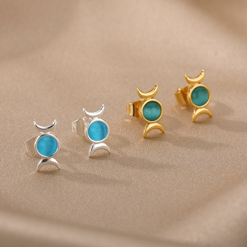 Double Moon Opal Stud Earrings